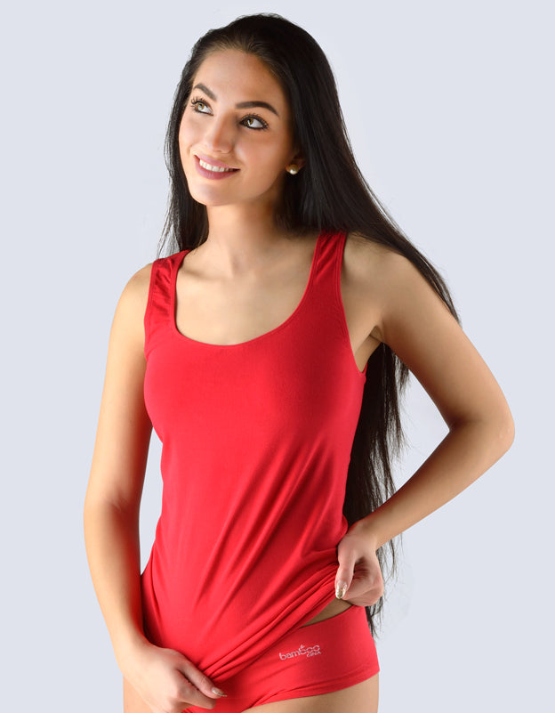 Ženska majica iz bambusa brez rokavov - dolga - rdeča